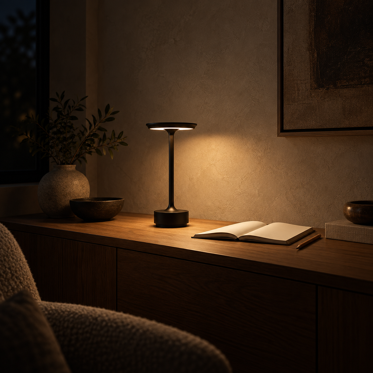 Tolimera rechargeable table lamp in black casting warm light in a library alcove at night
