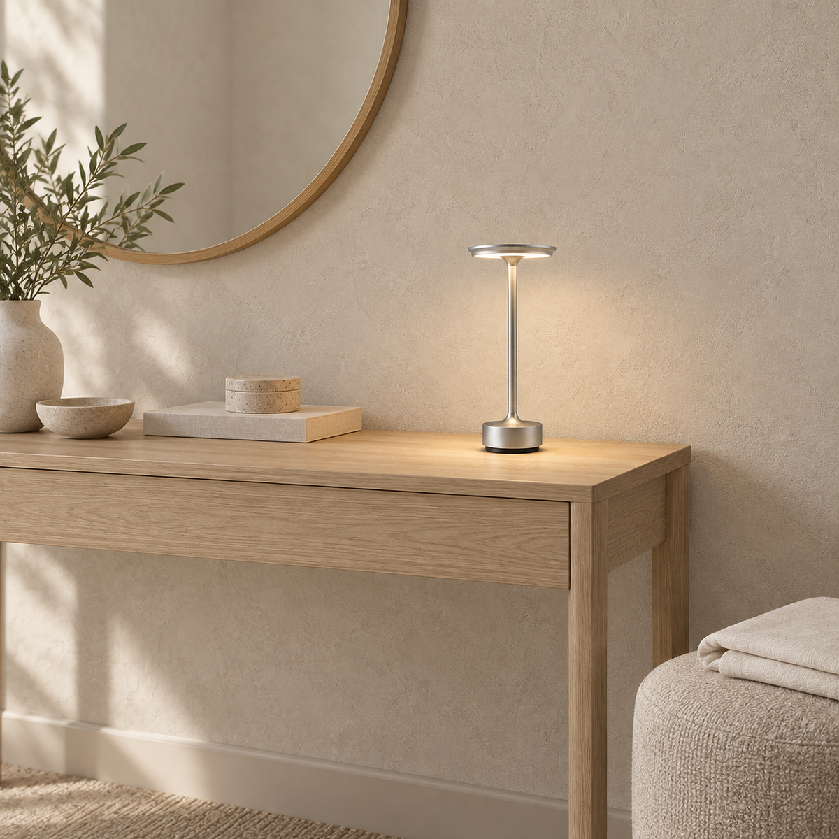 Tolimera silver battery operated table lamp lit on a narrow dressing room console #color_silver