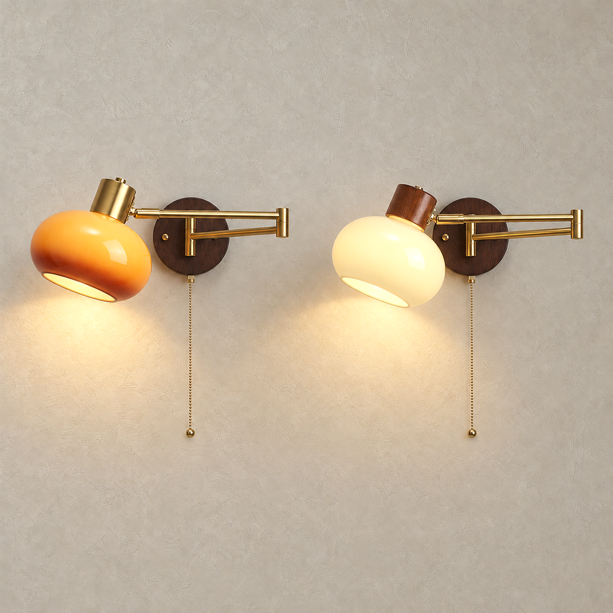 Tolvaren amber and cream wall lights glowing side by side, each with a round glass shade