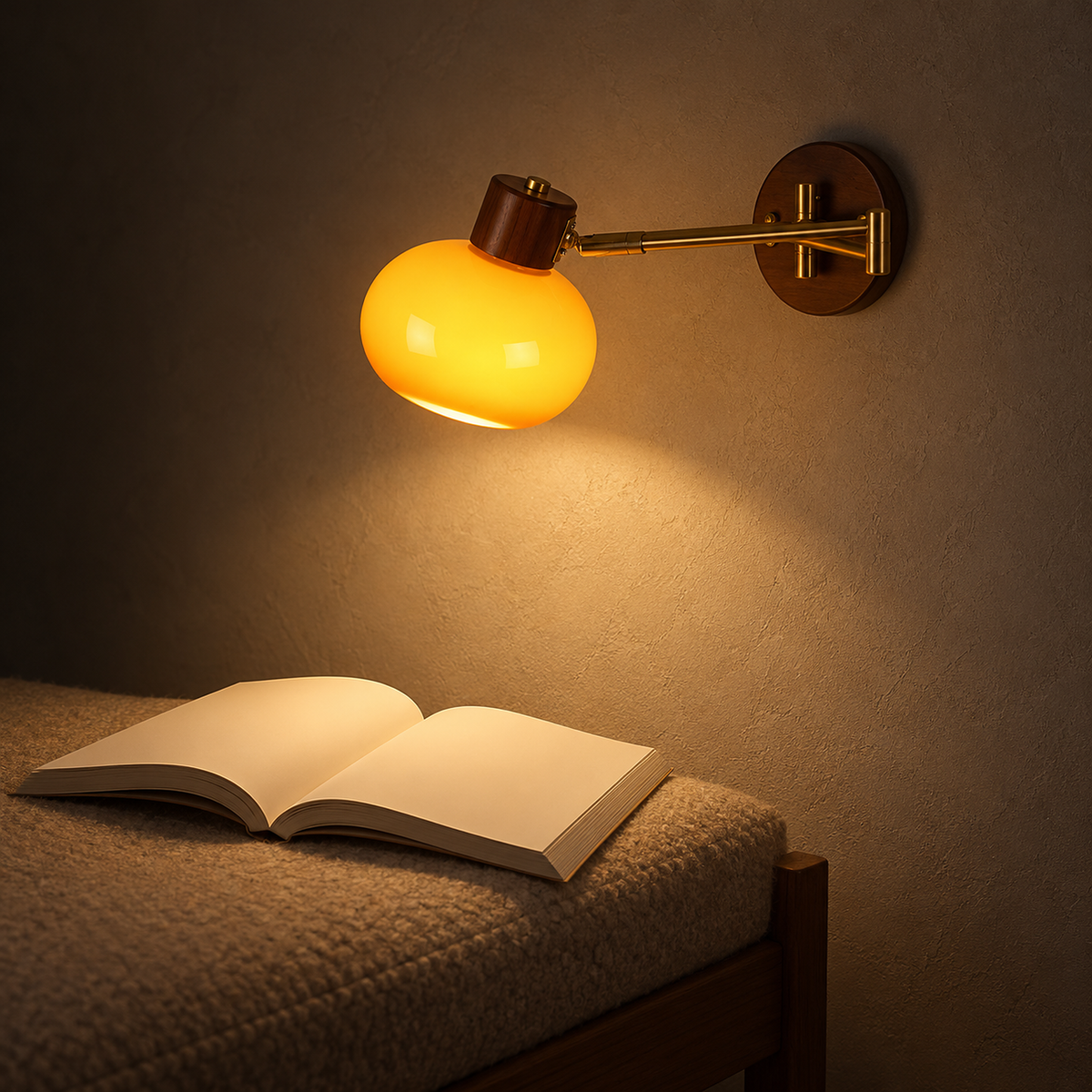 Tolvaren amber plug in wall sconce lighting the pages of an open book in a den at night
