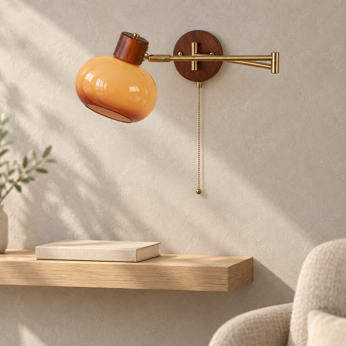 Tolvaren amber wall light with its glass shade unlit above a den shelf in daylight
