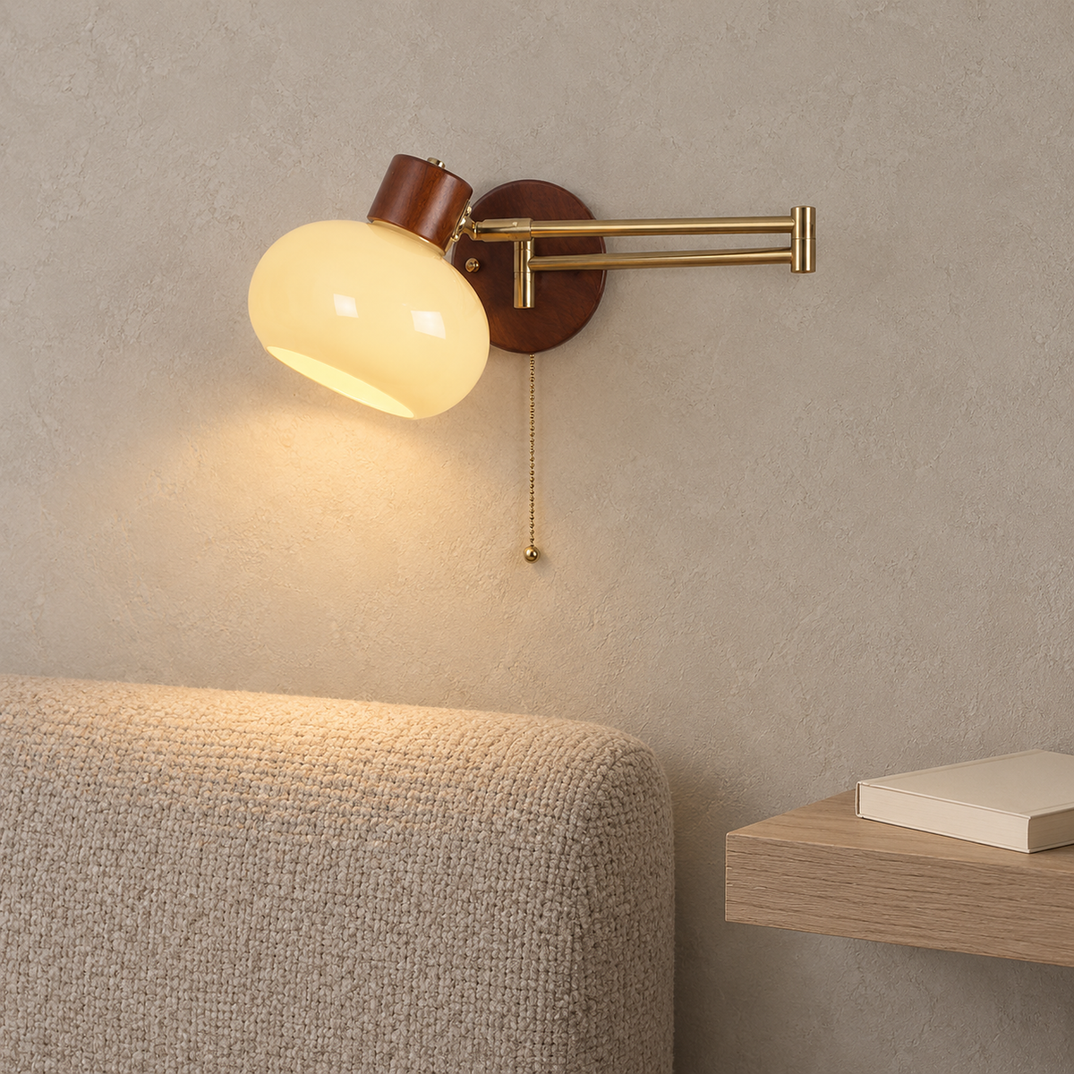 Tolvaren cream wall lamp glowing beside the furniture of a daylit den #color_cream