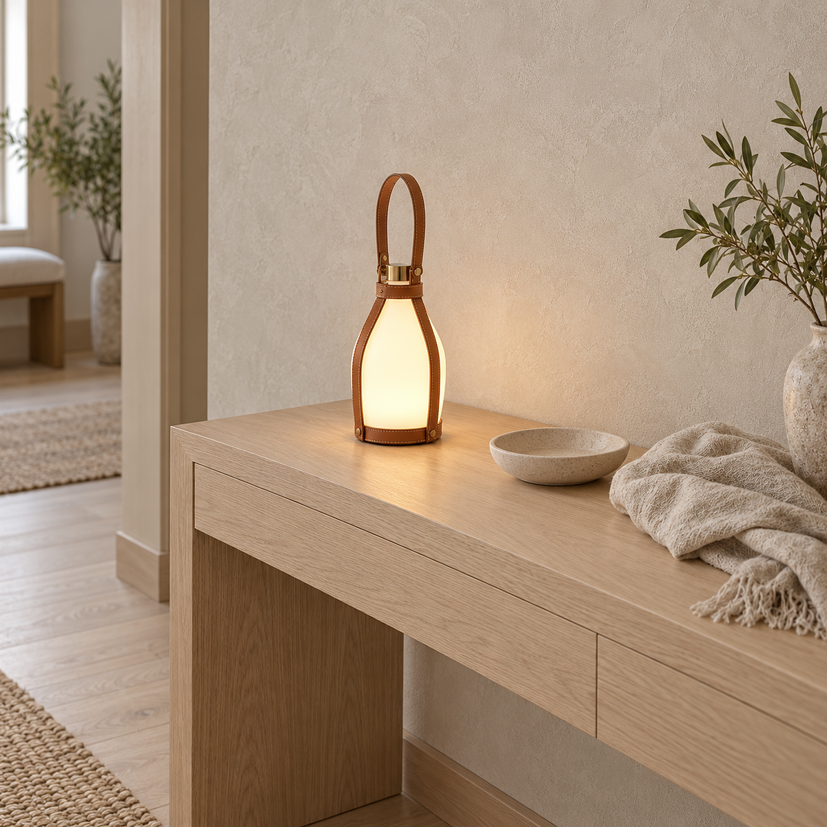 Tolvesa main battery operated table lamp lighting a clear entryway console by day