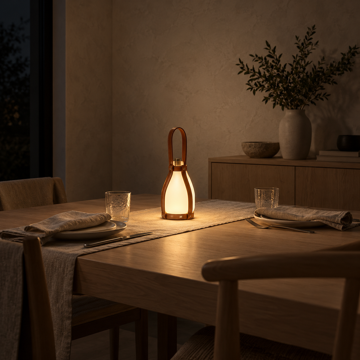 Tolvesa main battery operated table lamp lighting a dining room centerpiece at night