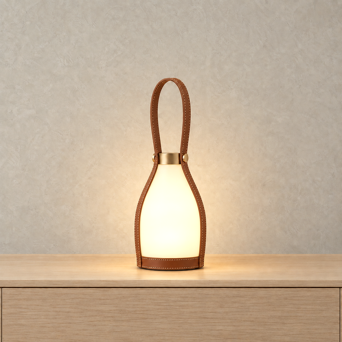 Tolvesa main battery operated table lamp switched on with its frosted glass glowing evenly
