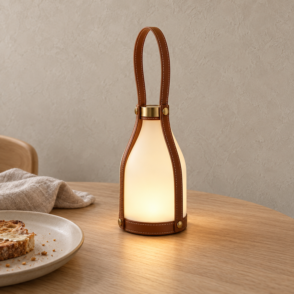 Tolvesa main portable table lamp glowing beside a breakfast setting in a kitchen nook