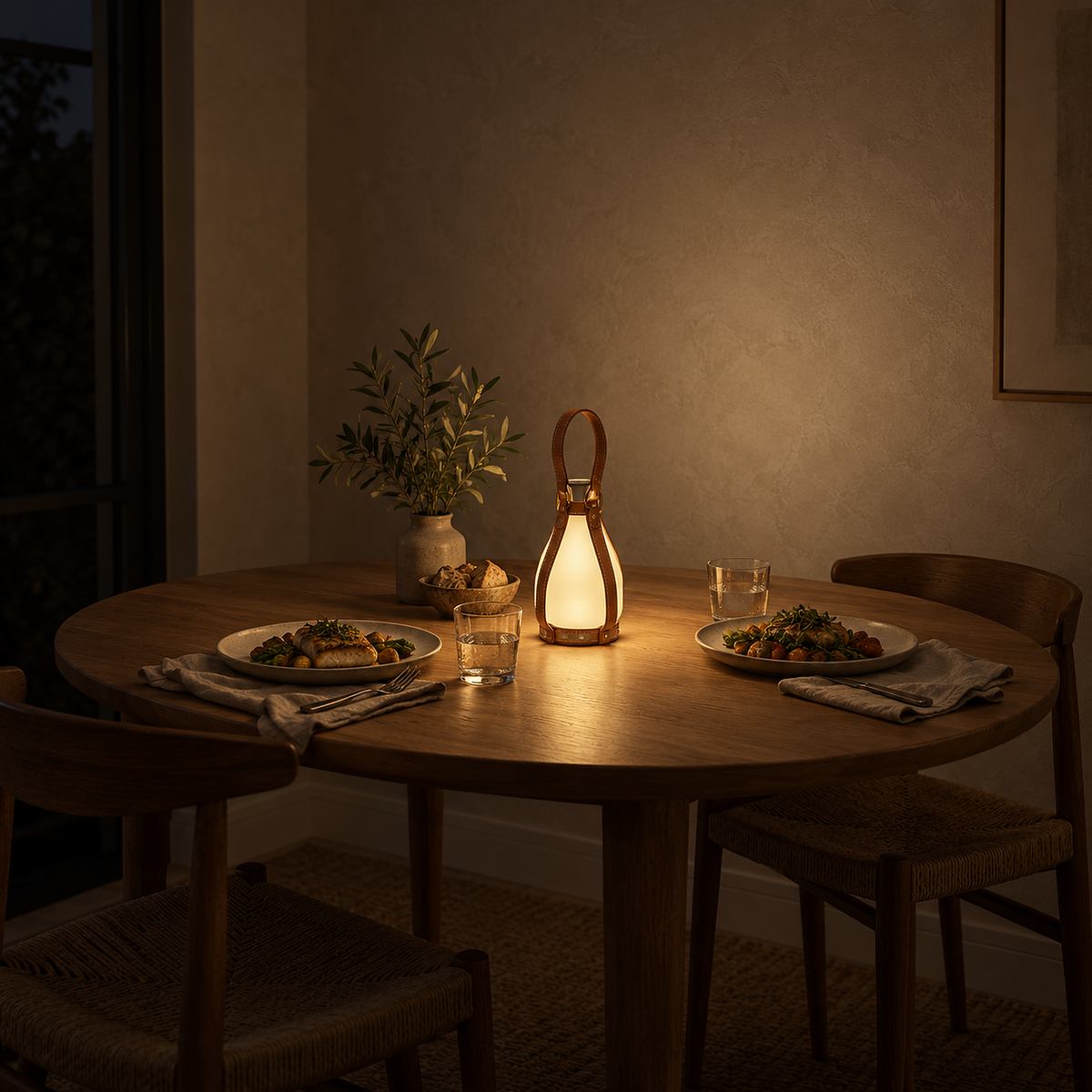 Tolvesa main portable table lamp turned up brighter over dinner in a kitchen breakfast nook at night
