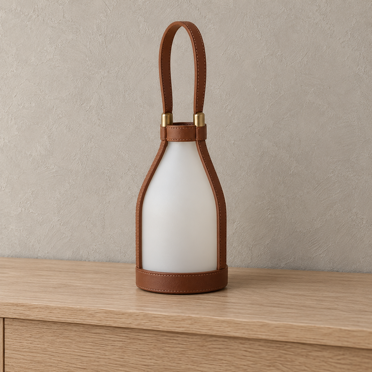 Tolvesa main rechargeable table lamp up close showing frosted glass and hand stitched brown strap harness