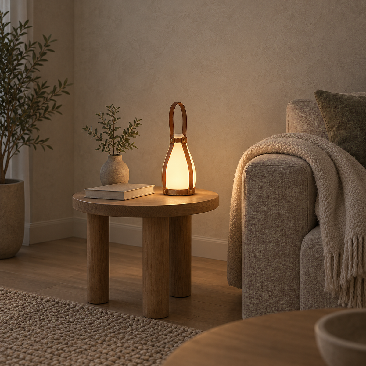 Tolvesa main table lamp glowing evenly beside an oatmeal sofa in a living room