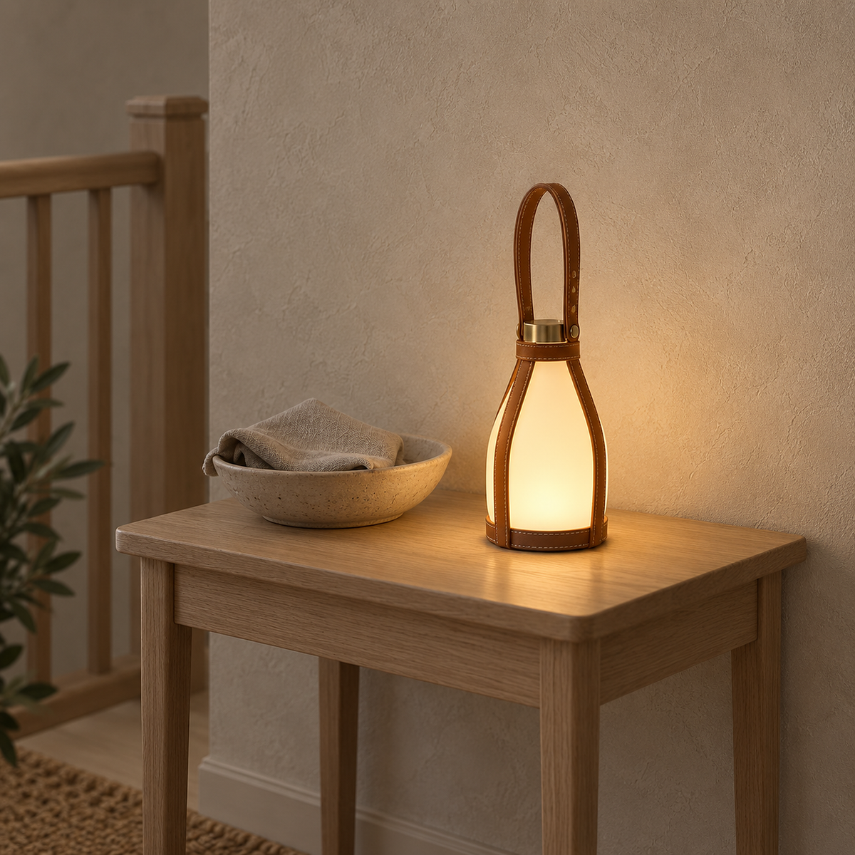 Tolvesa main table lamp glowing on a small table on an enclosed stair landing