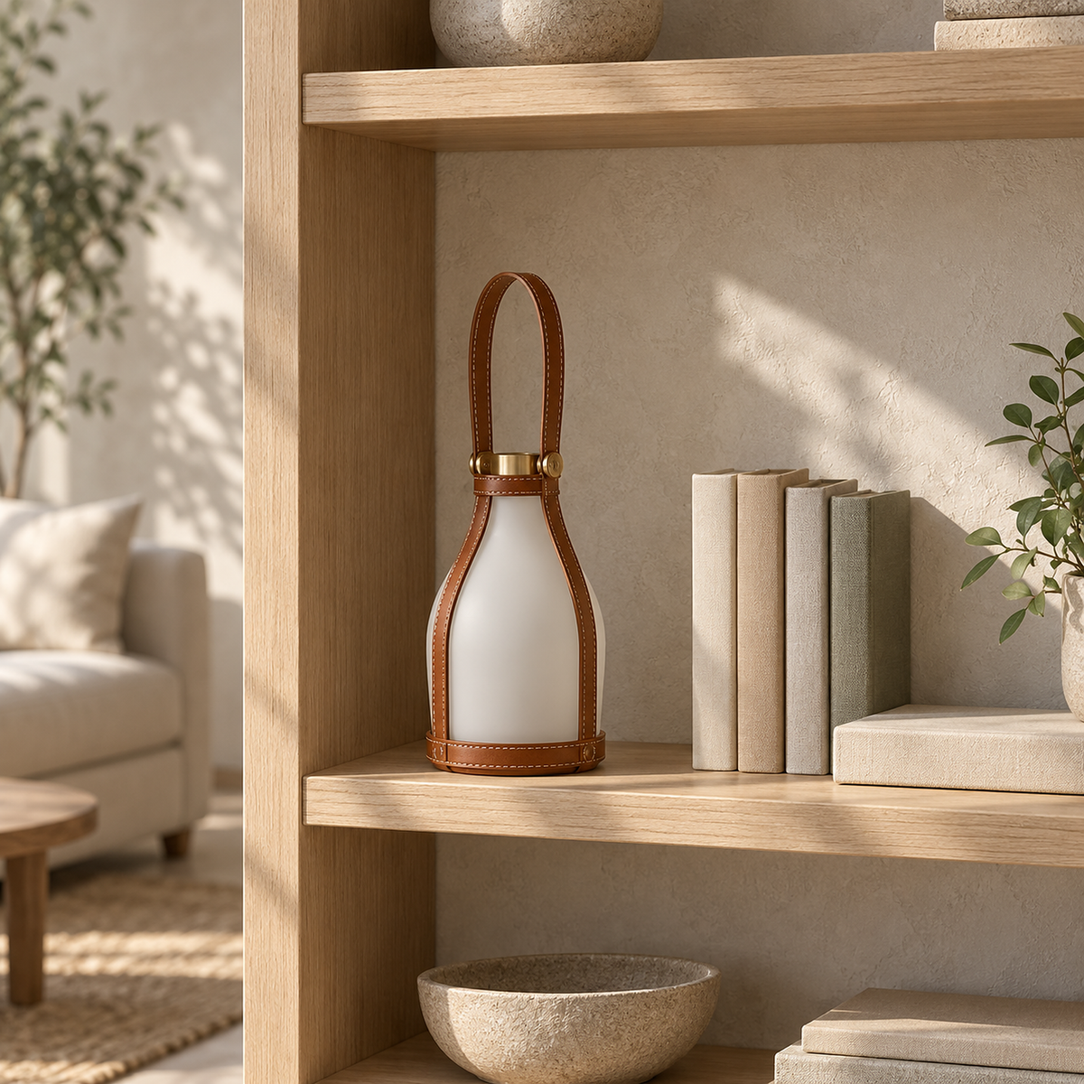 Tolvesa main table lamp standing unlit beside books on library shelving