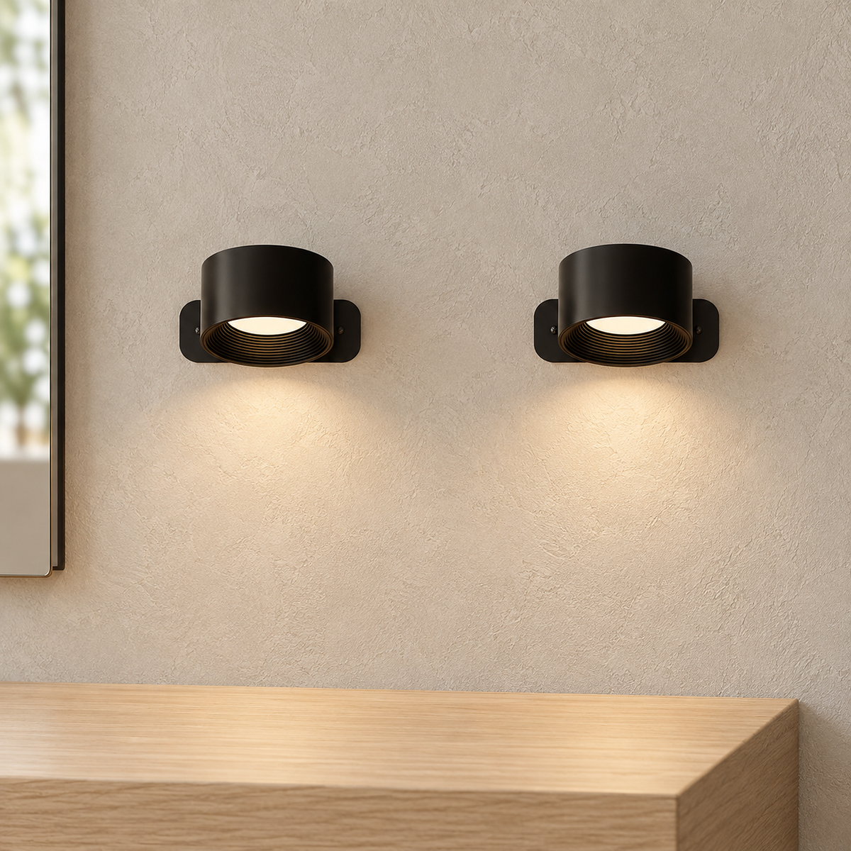 Tomelira black LED wall sconce pair wall mounted beside a mirror above an empty vanity counter