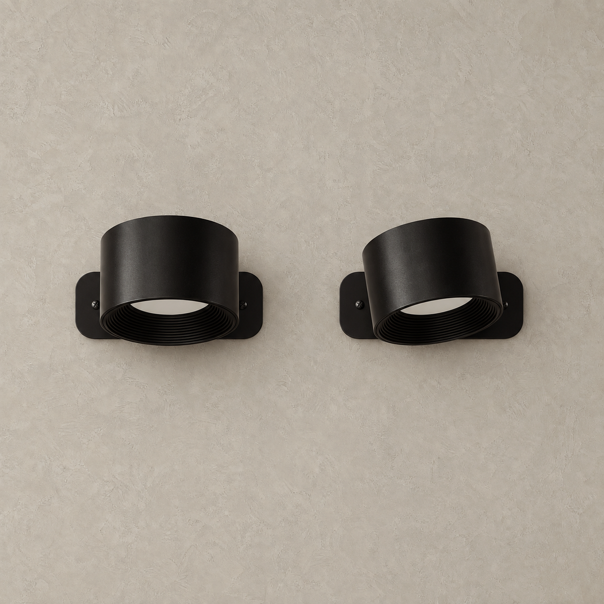Tomelira black rechargeable wall light pair switched off showing cylindrical heads and backplates