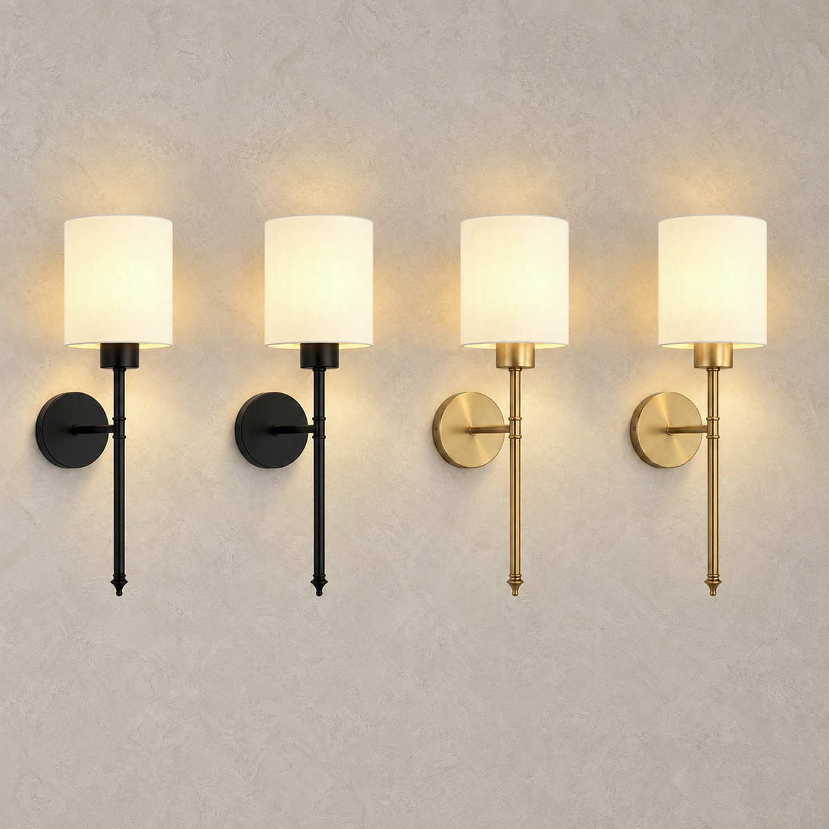 Toselio black and gold led wall sconce sets glowing together with fabric shades