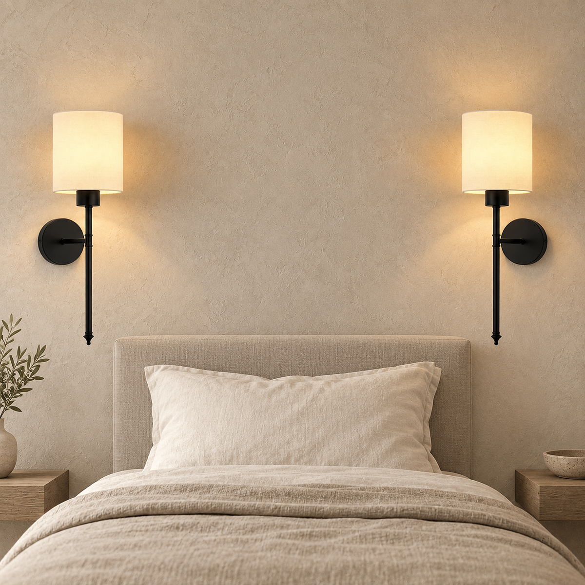 Toselio black battery operated wall sconce pair flanking a narrow bed