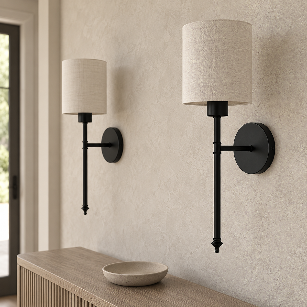 Toselio black led wall sconce pair showing fabric shades and metal detail