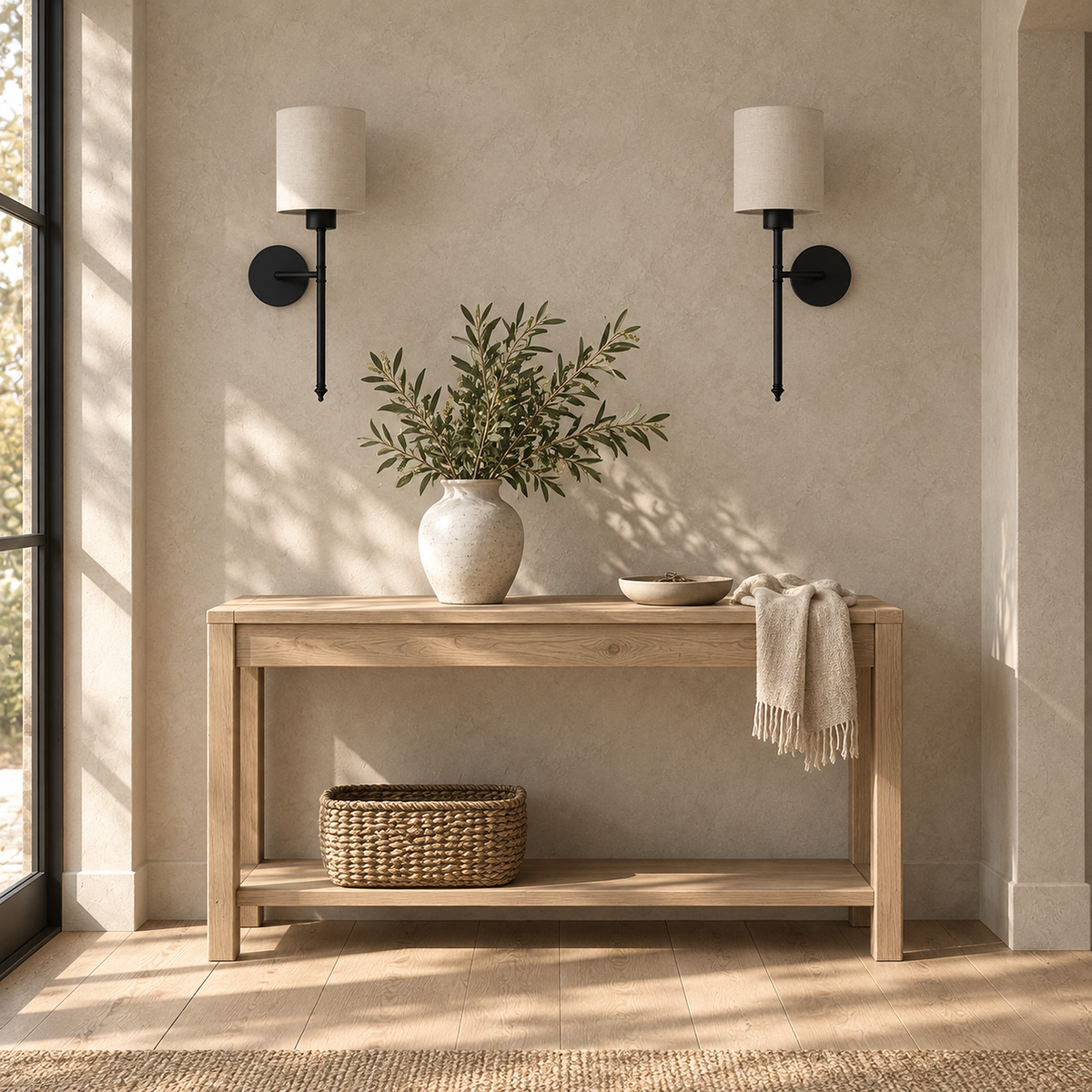 Toselio black rechargeable wall sconce pair unlit in a sunny entryway