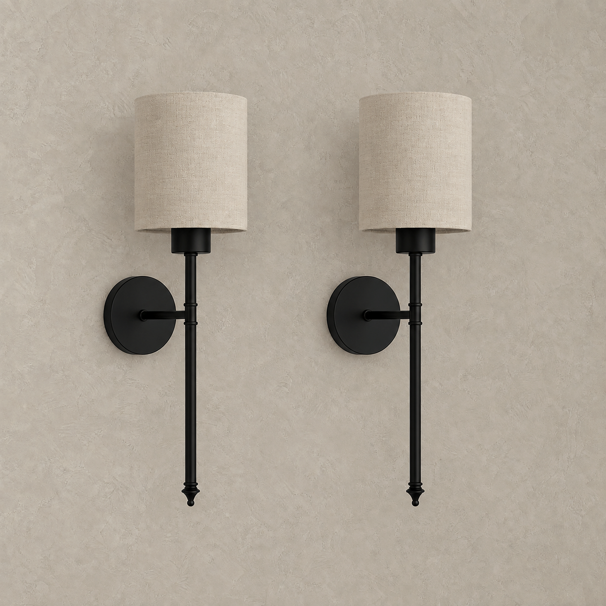 Toselio black rechargeable wall sconce pair with fabric shades unlit