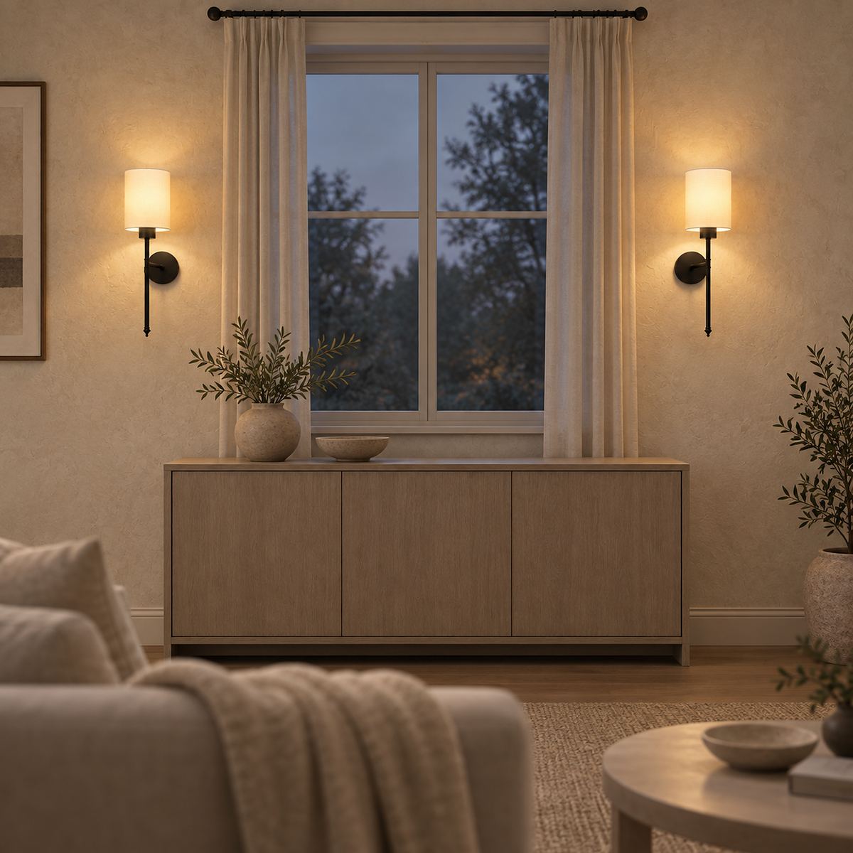 Toselio black wireless wall light pair framing a living room window