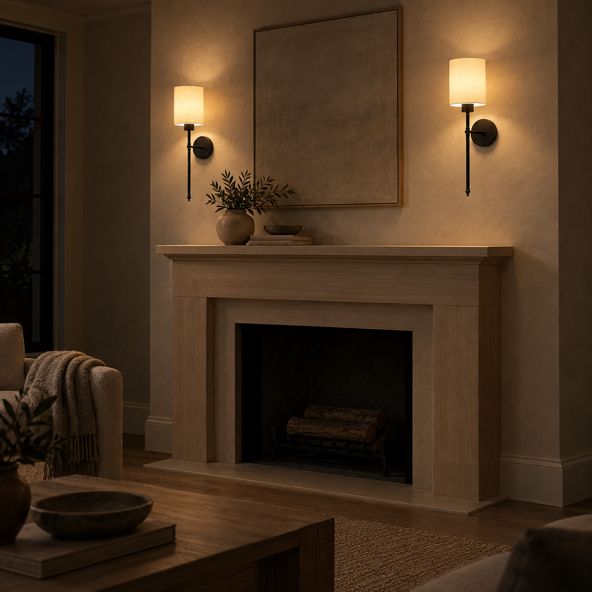 Toselio black wireless wall light pair glowing above an unlit fireplace