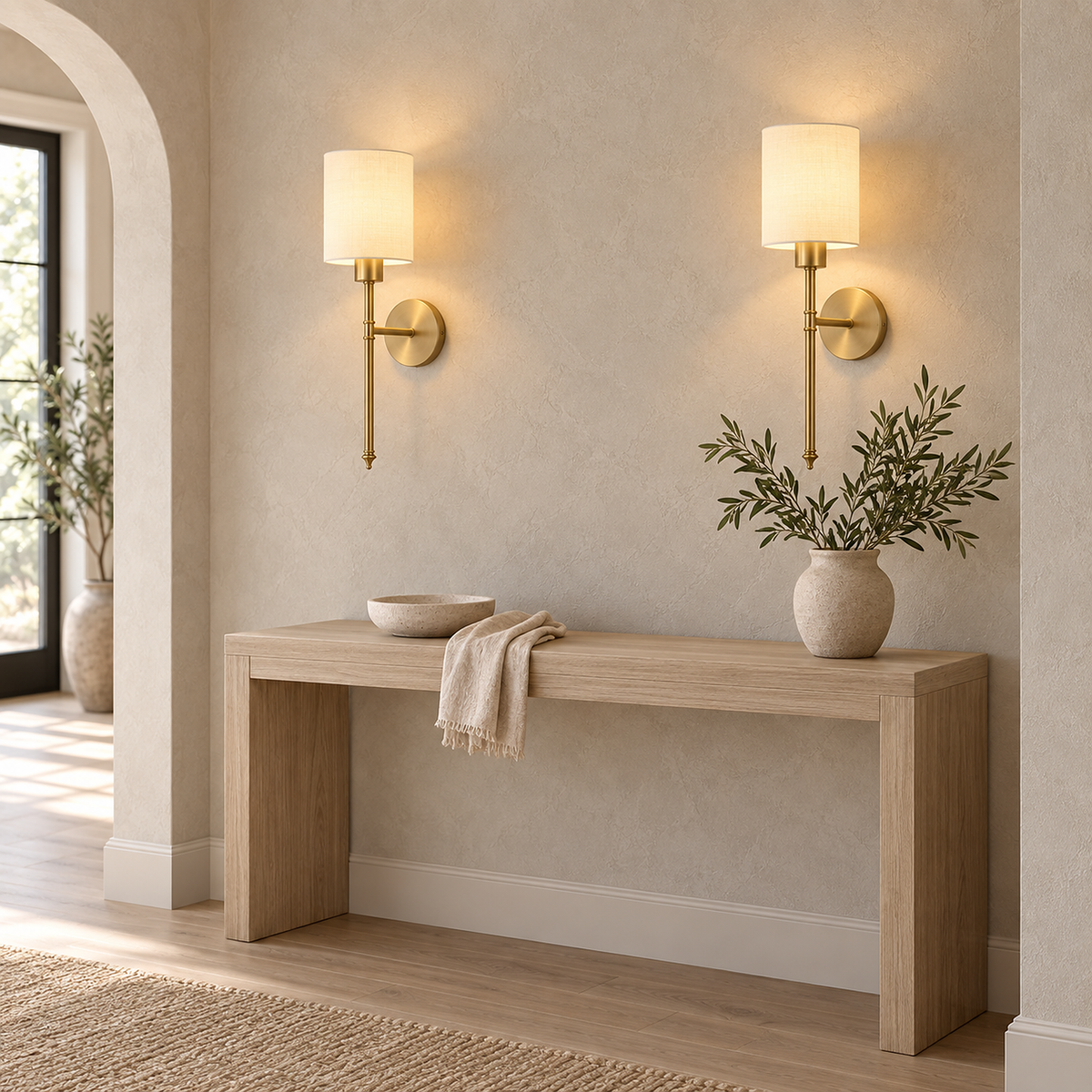 Toselio gold battery operated wall sconce pair glowing above an entryway console #color_gold