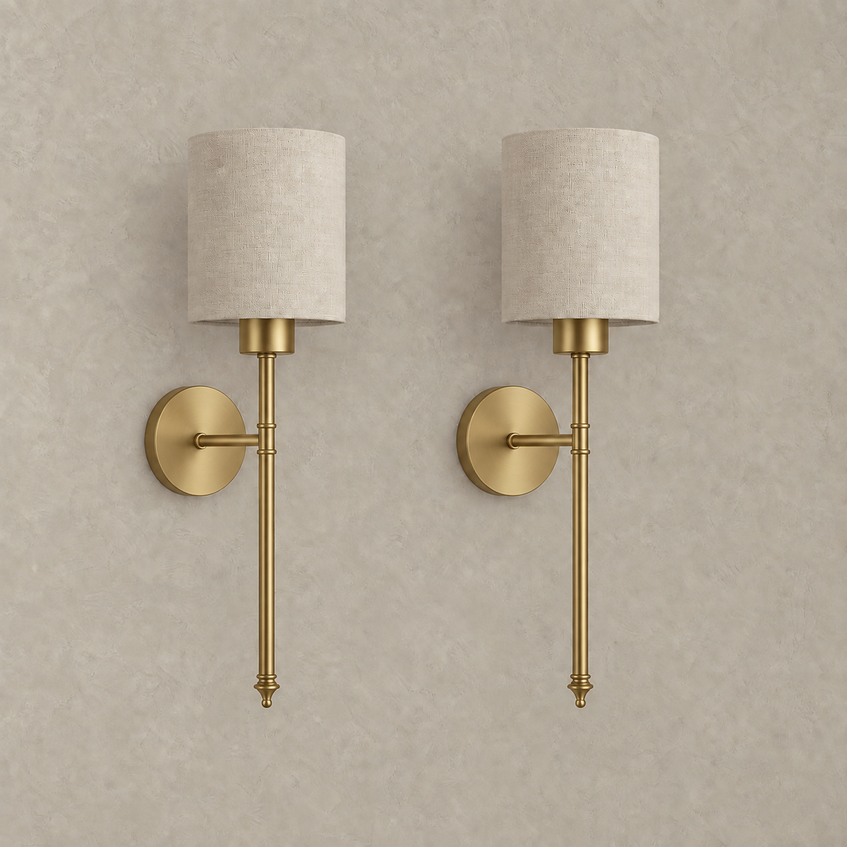 Toselio gold rechargeable wall sconce pair with pale fabric shades unlit #color_gold