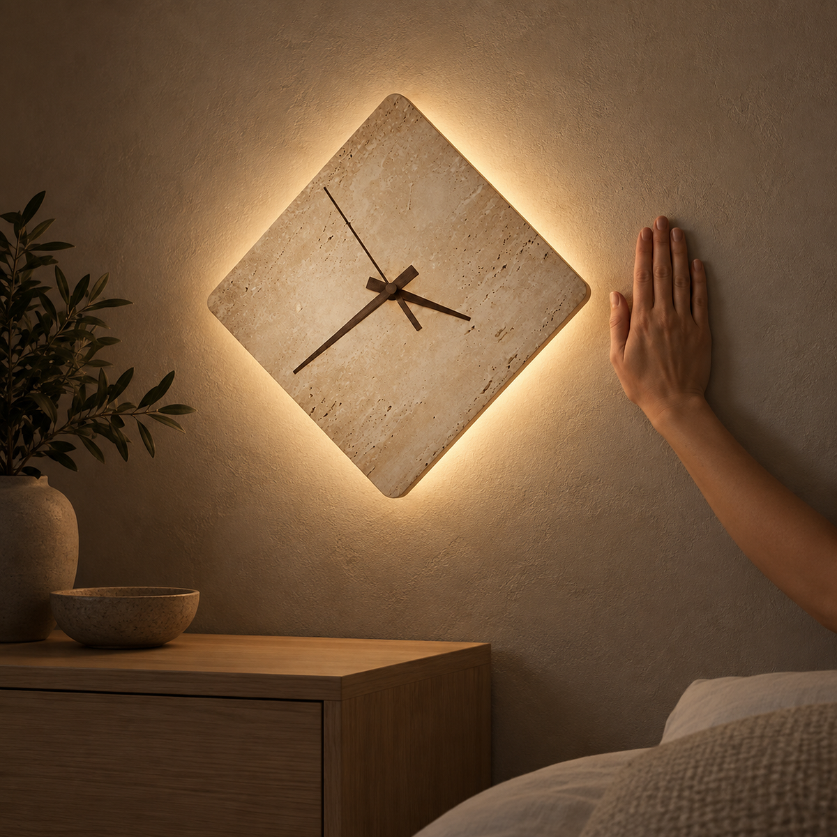 Toselmi yellow travertine LED wall sconce casting a warm bedroom halo beside a resting hand at night