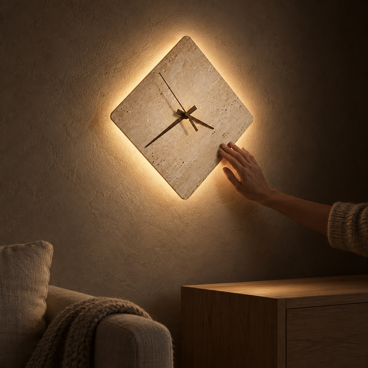 Toselmi yellow travertine LED wall sconce dimmed low casting a soft halo in a living room at night