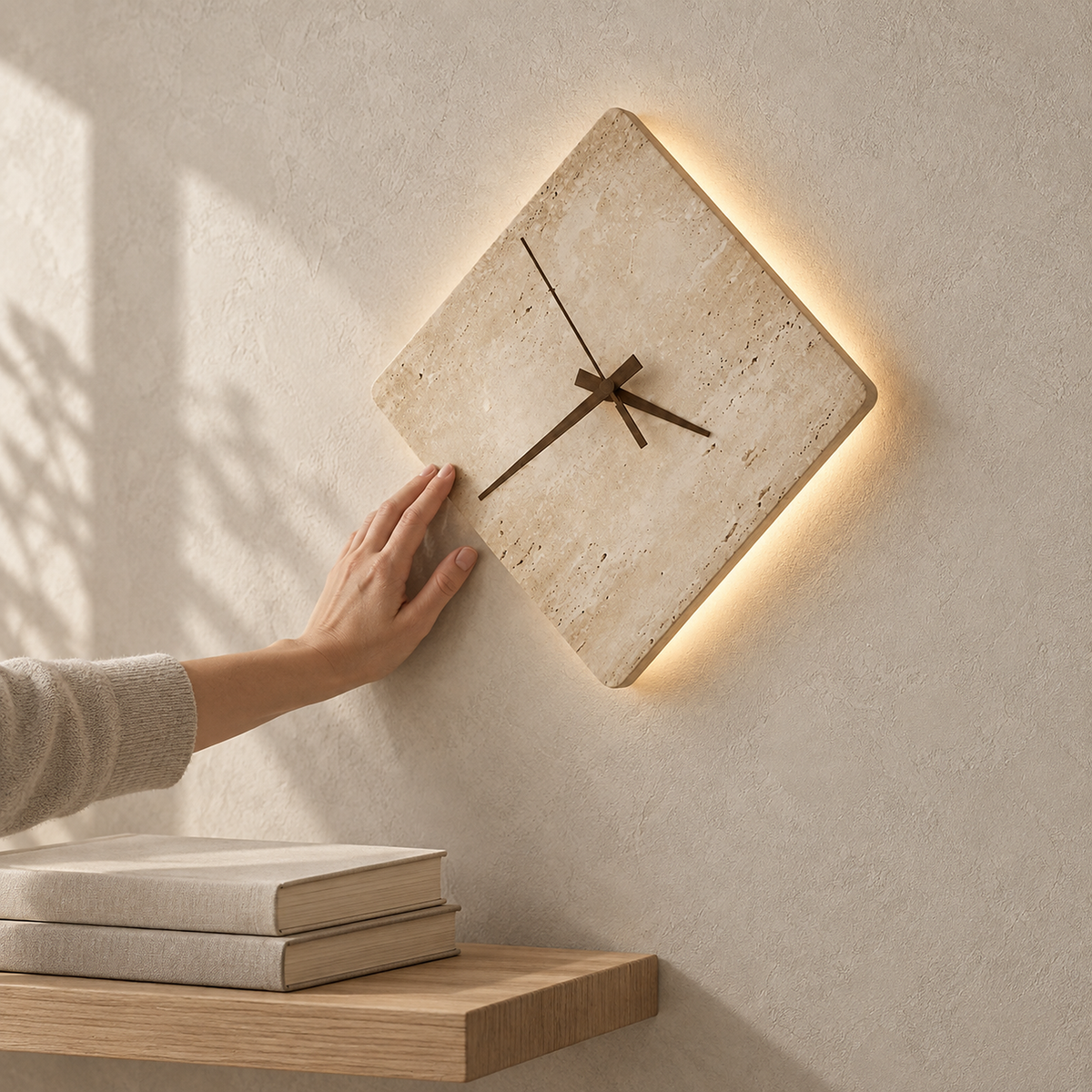 Toselmi yellow travertine LED wall sconce hardwired in a study with a visible stone edge and warm halo