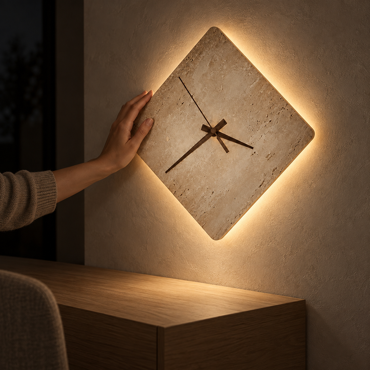 Toselmi yellow travertine LED wall sconce lighting plaster above a clear console corner at night
