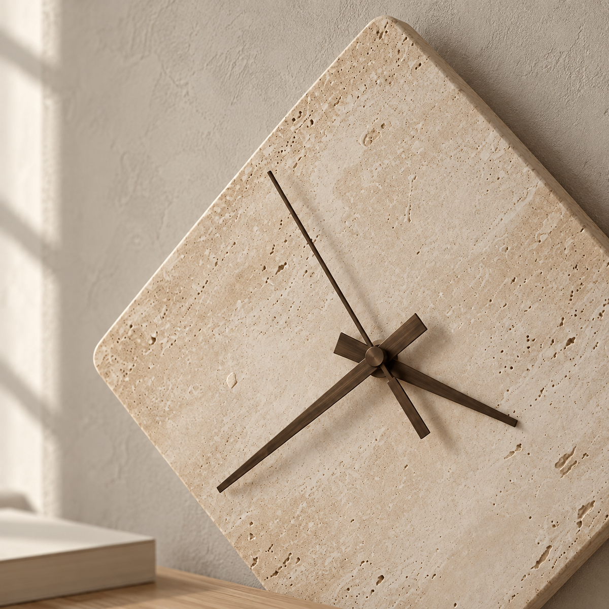 Toselmi yellow travertine wall sconce macro showing natural stone pores and fixed bronze tone pointers