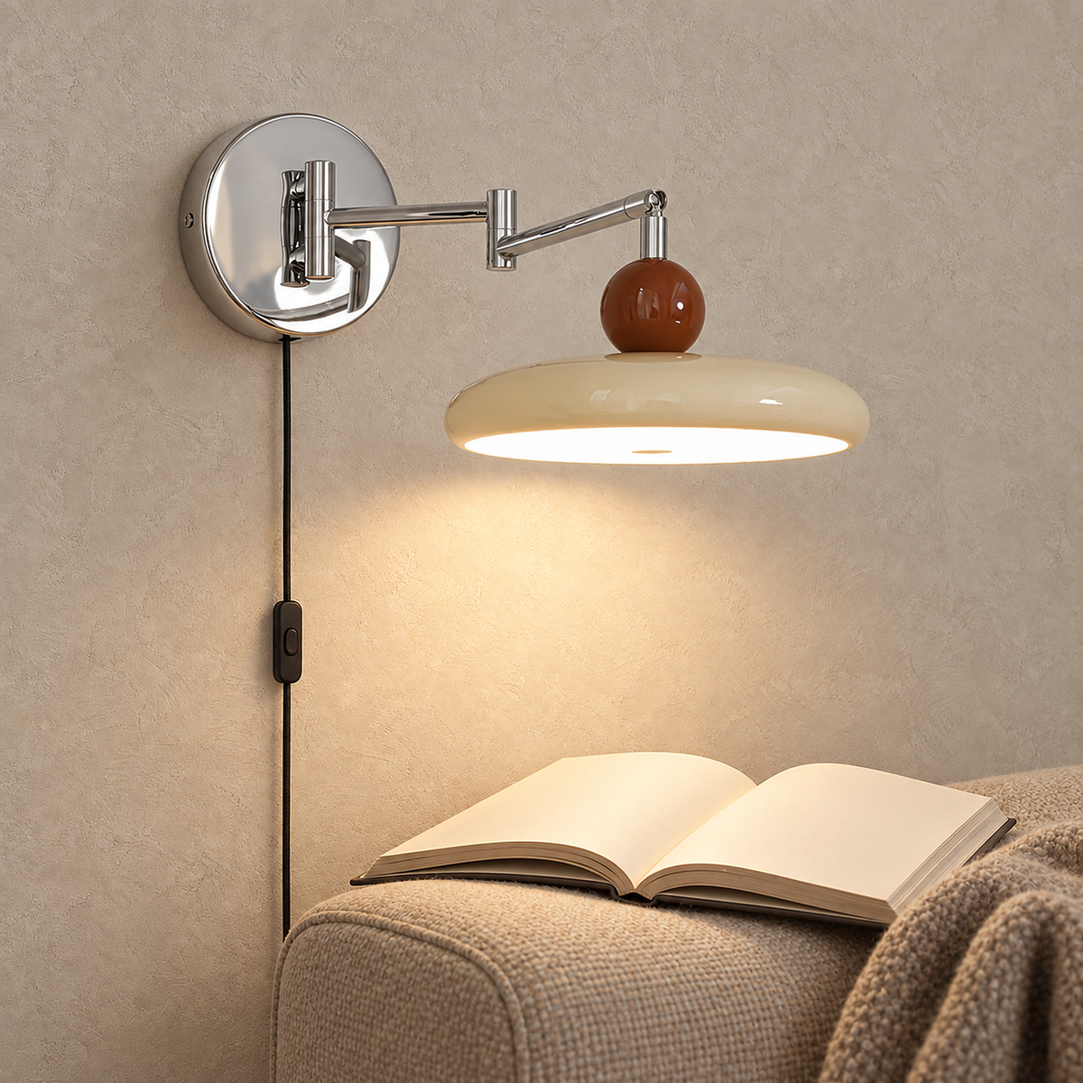 Tovessi beige LED wall sconce lighting a book on a library chair arm in daylight