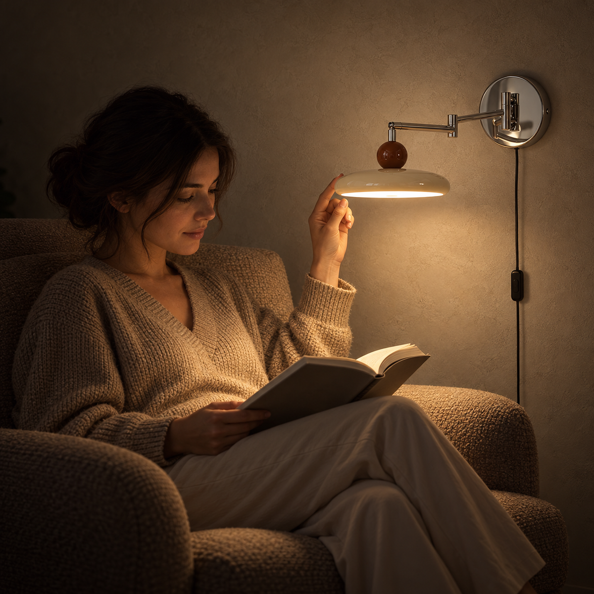 Tovessi beige LED wall sconce lighting a reader and book in a library alcove at night