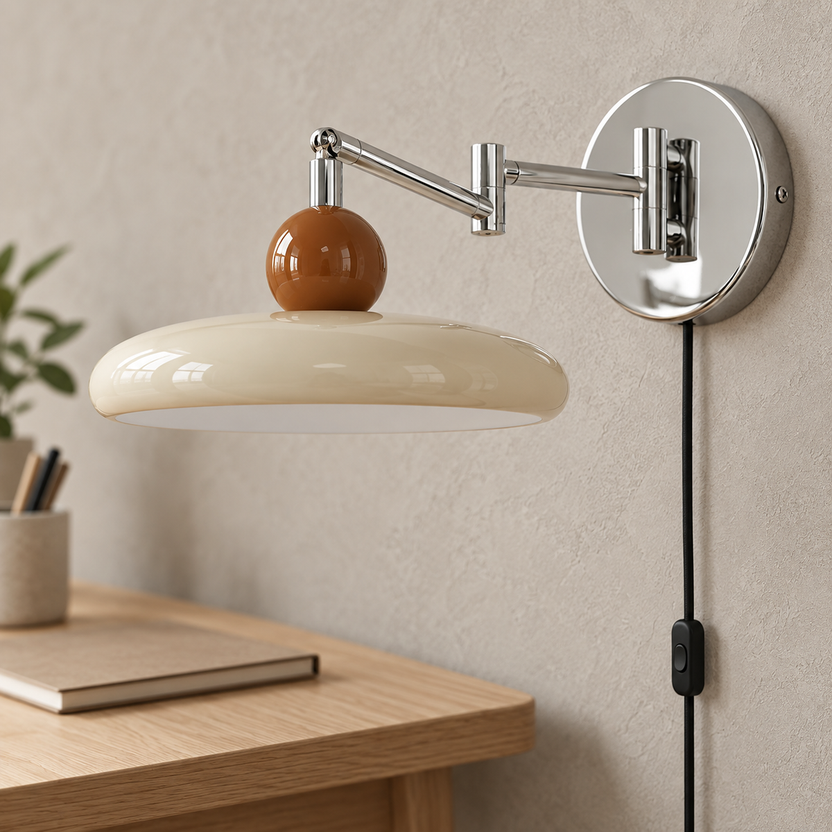 Tovessi beige LED wall sconce shade and brown ball joint close up with the unlit diffuser