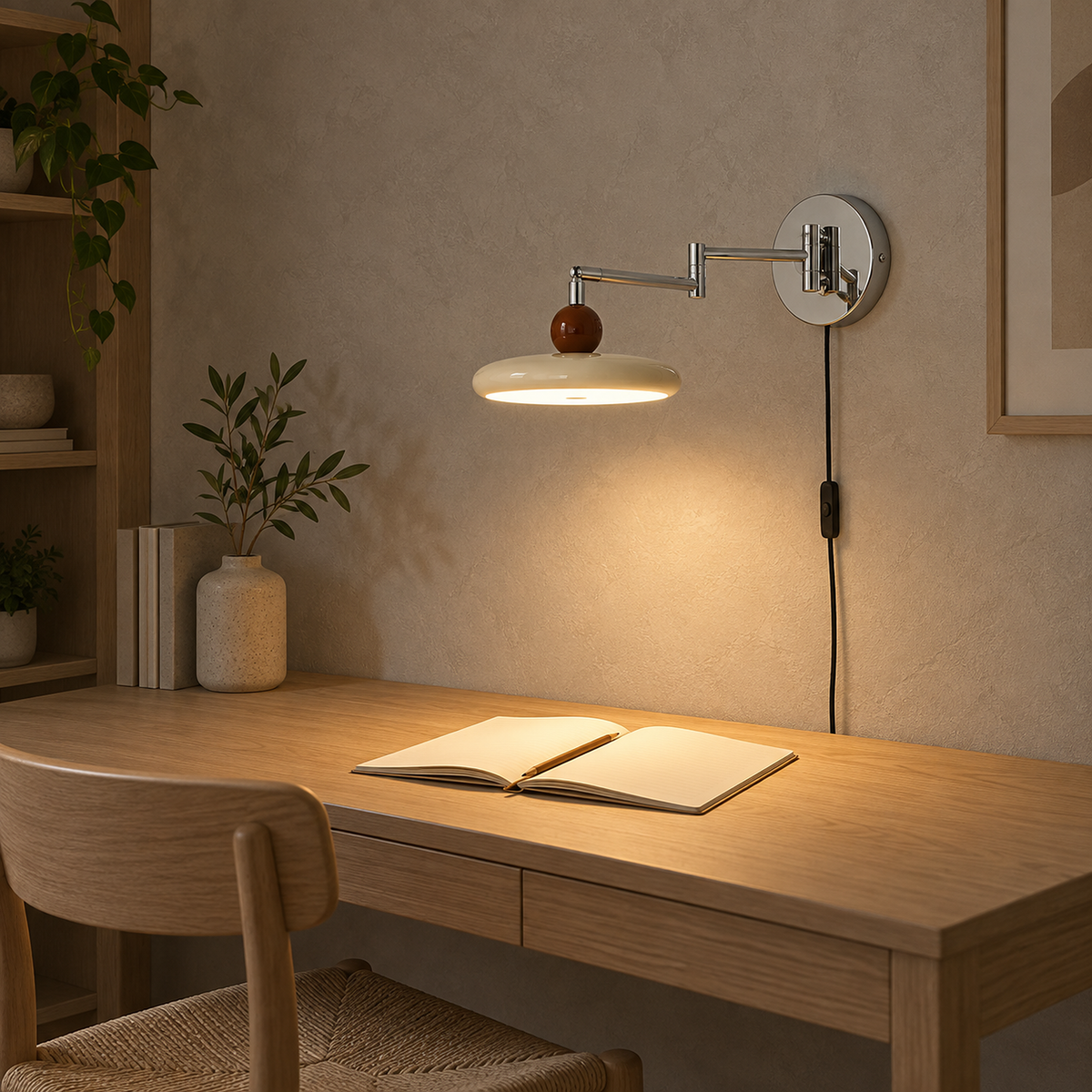 Tovessi beige swing arm wall lamp extended over an open notebook in a study