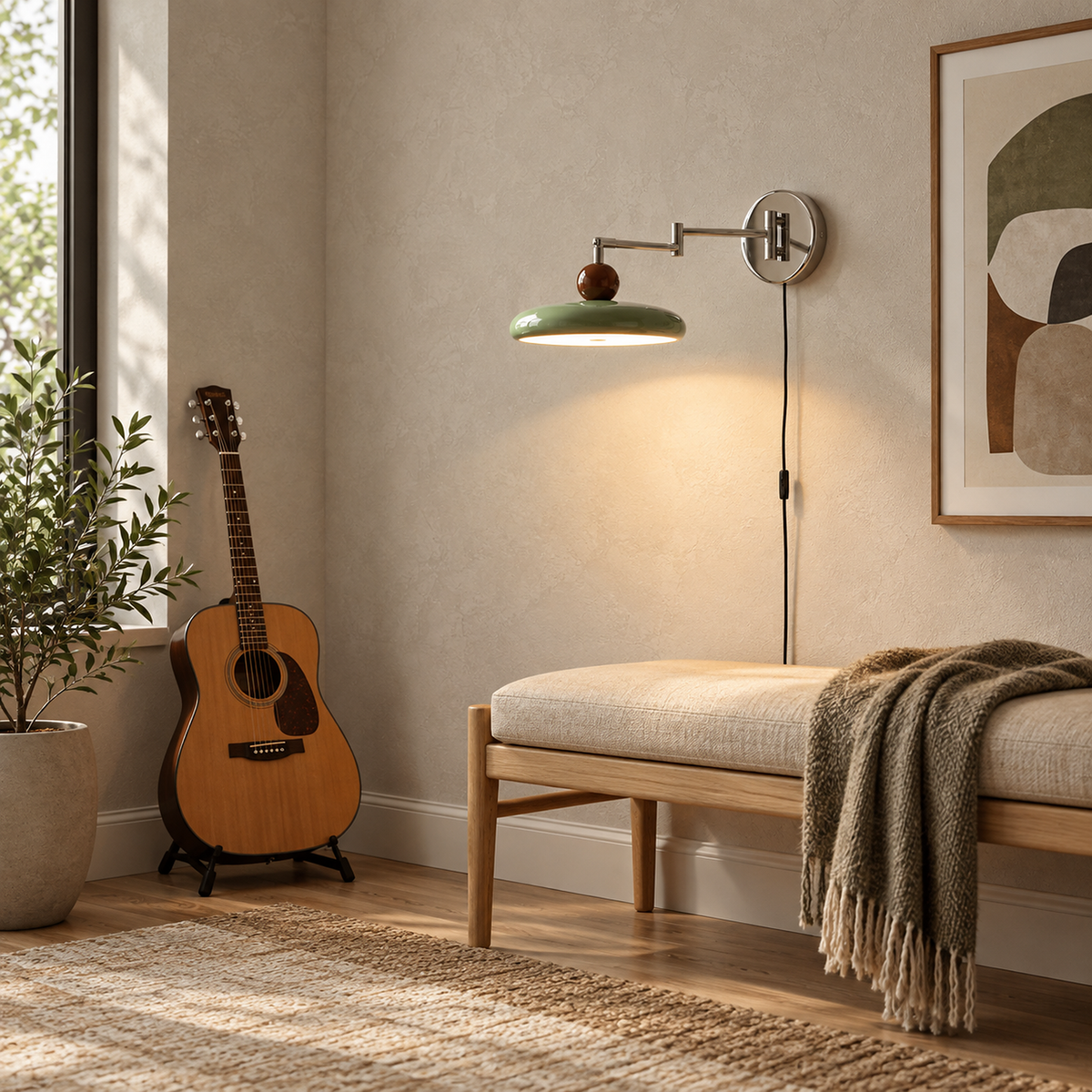 Tovessi green LED wall sconce lit above a bench in a music room in daylight #color_green