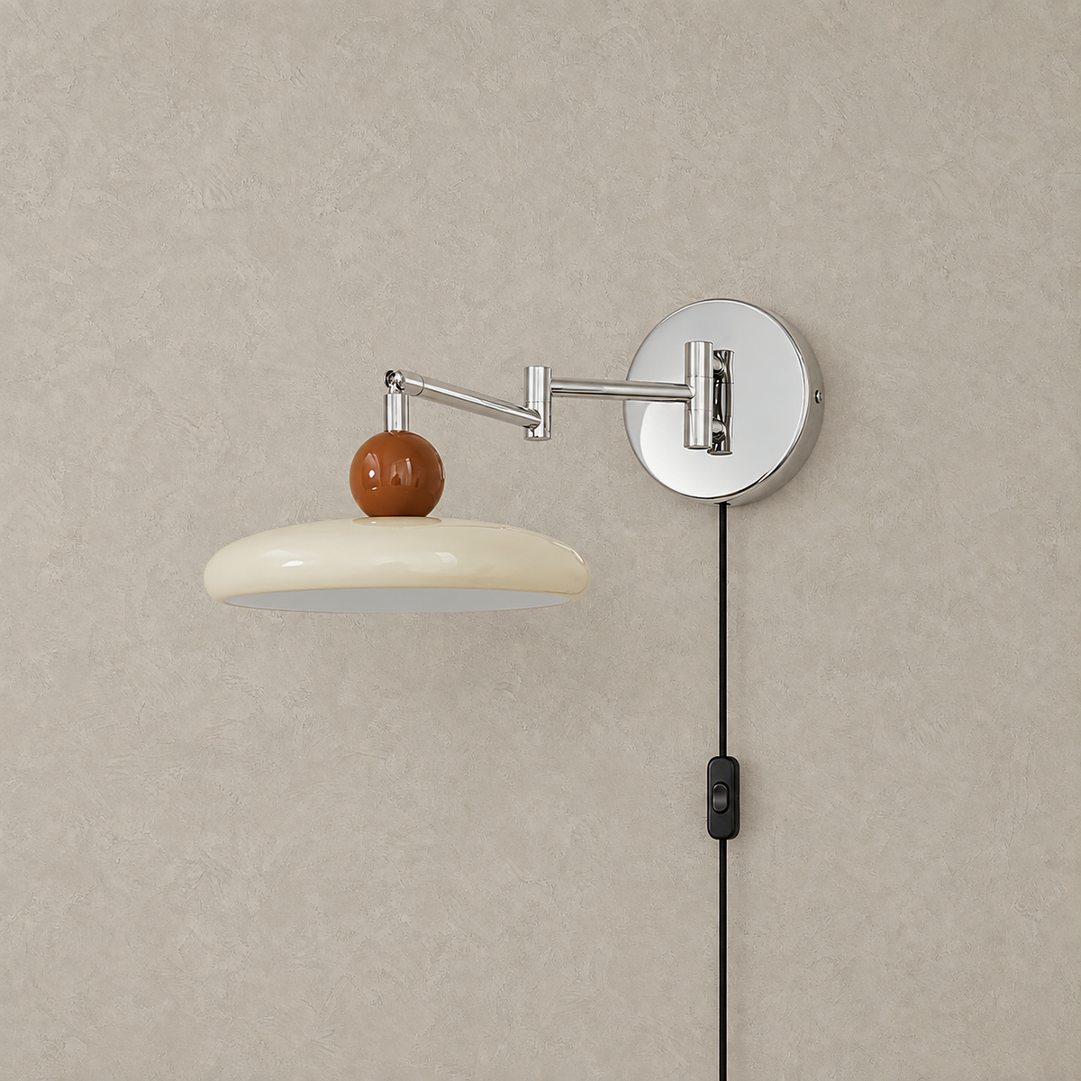 Tovessi swing arm wall lamp in beige unlit on a plain plate with round disc shade and jointed arm