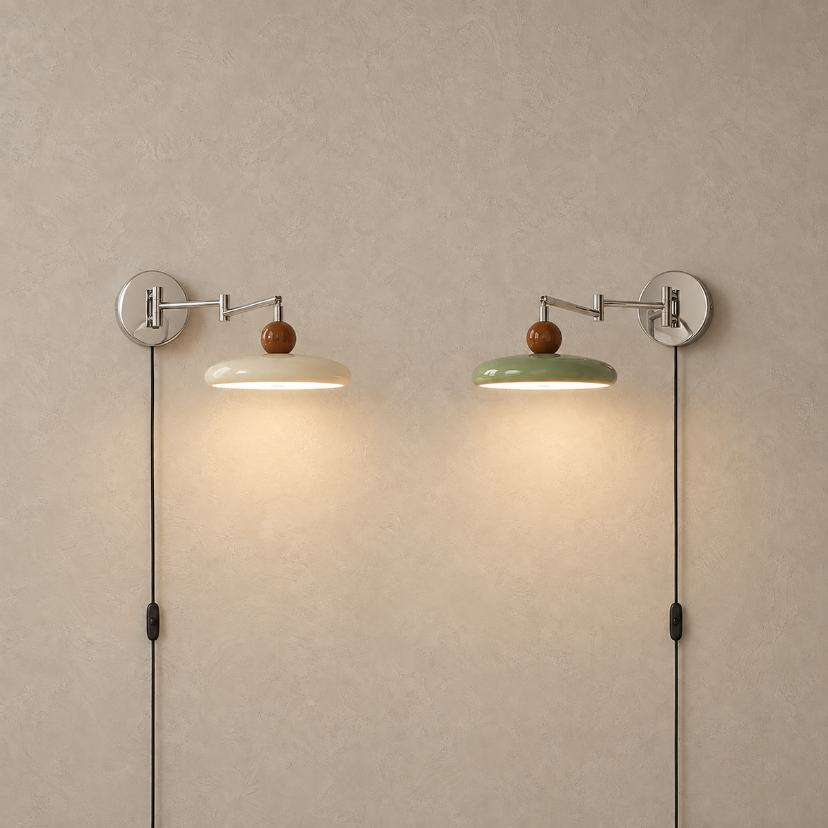Tovessi swing arm wall lamps in beige and green lit side by side on a plate for comparison