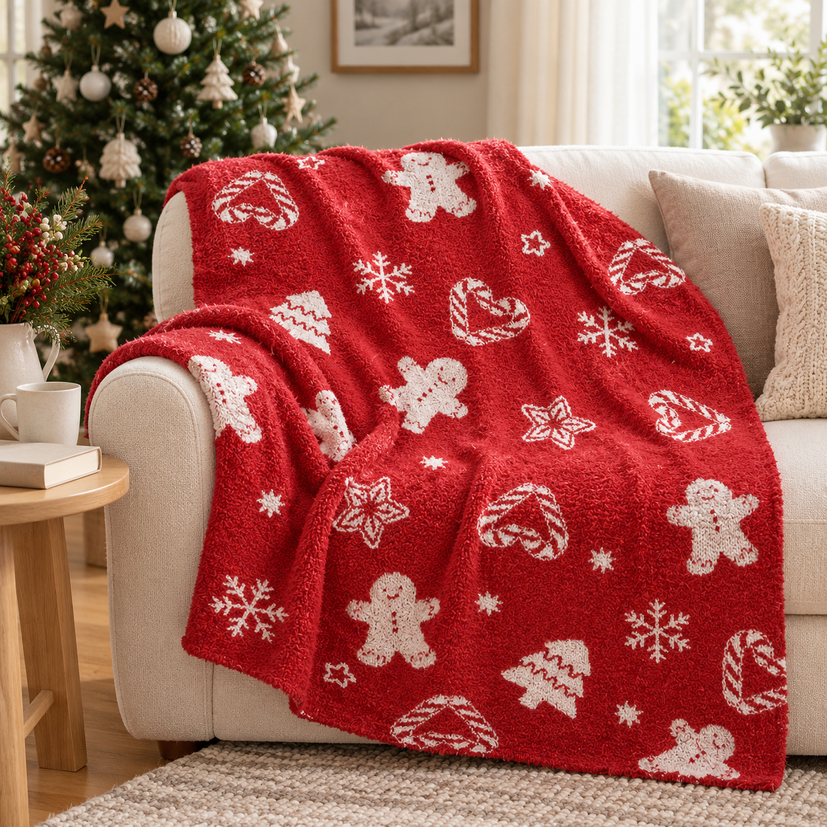 Vamelino xmas tree snowflake throw blanket for couch in red, draped over an ivory sofa arm