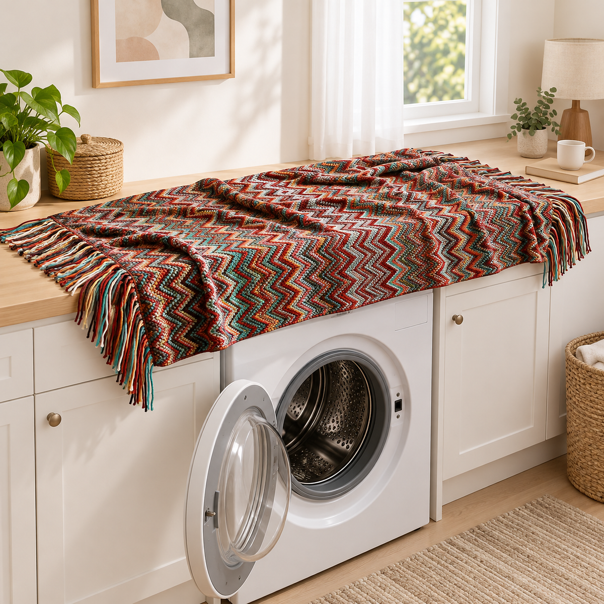 Vanolira red knit throw blanket ready beside a home washer, machine wash and tumble dry low