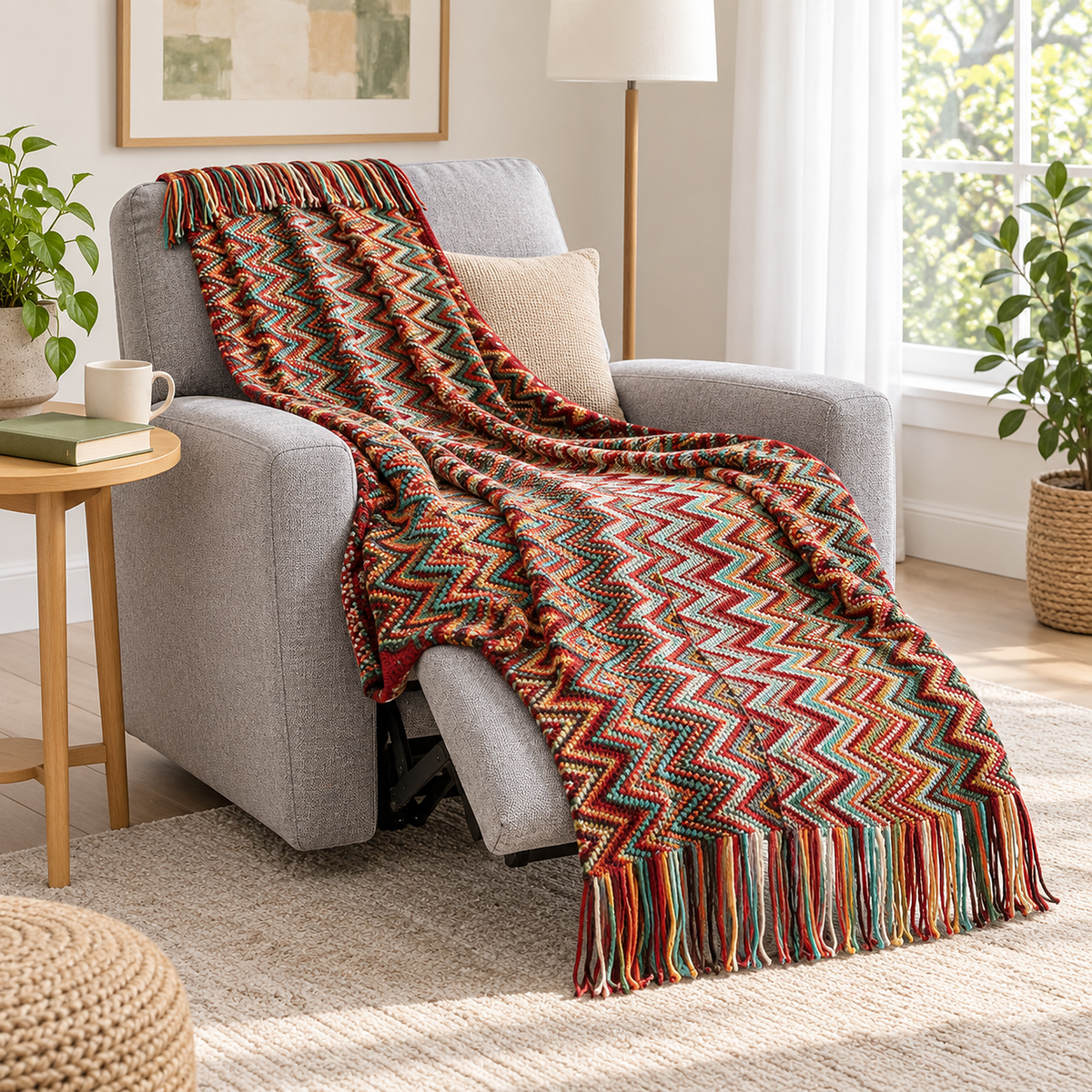 Vanolira red knit throw blanket arranged on a landing recliner, ready to lay over your lap for reading