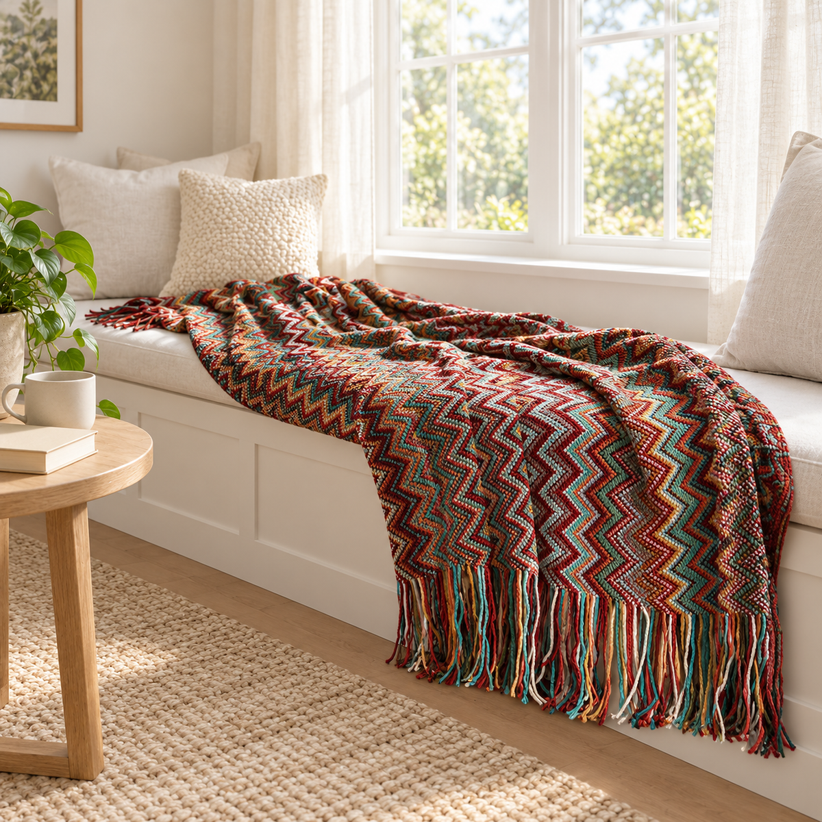 Vanolira red knit throw blanket opened across a window seat in a breakfast room alcove
