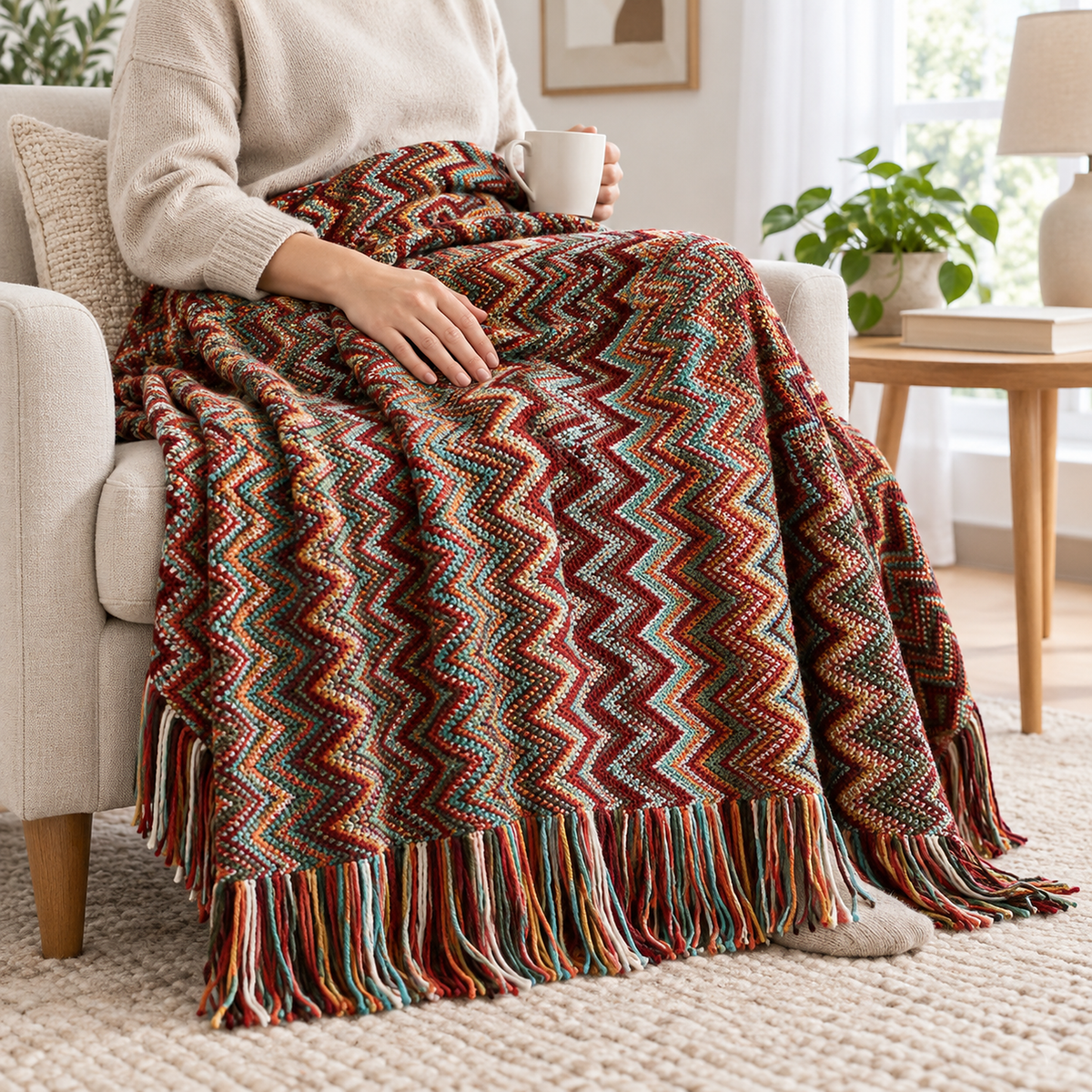 Vanolira red knit throw blanket with an adult hand resting on its lightweight texture