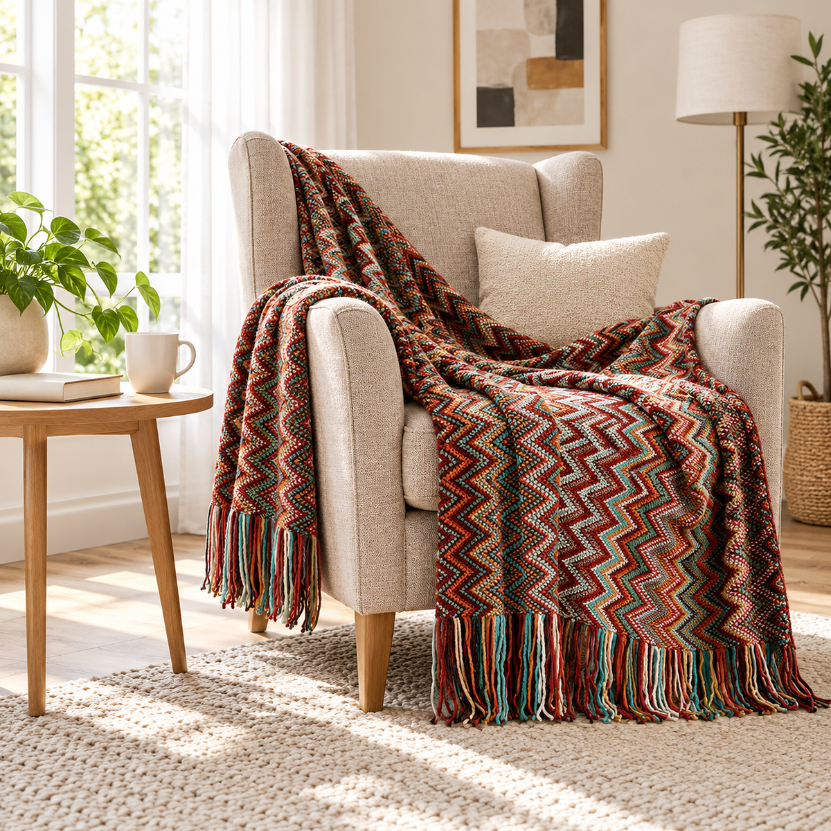 Vanolira red throw blanket draped by an upholstered armchair in a bright reading corner