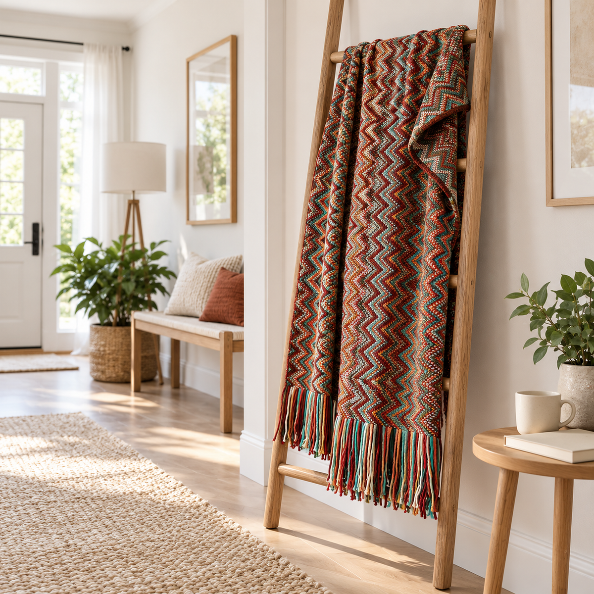 Vanolira red multicolored throw blanket for couch on a wooden ladder with folded corner and fringed ends