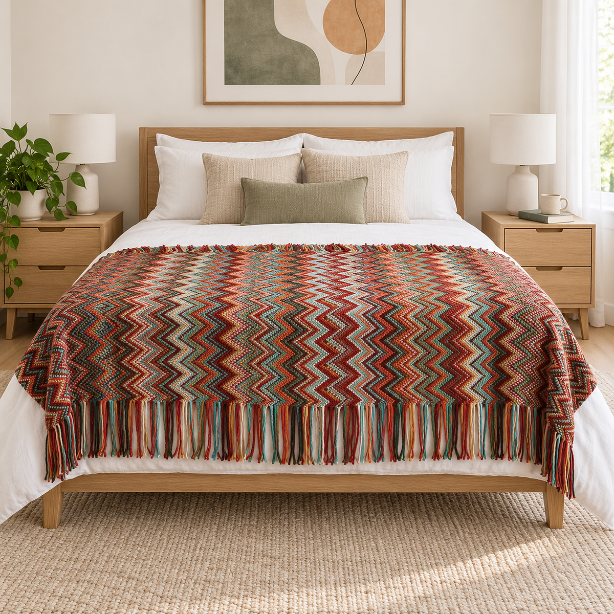 Vanolira red throw blanket open across a made bed in the main bedroom