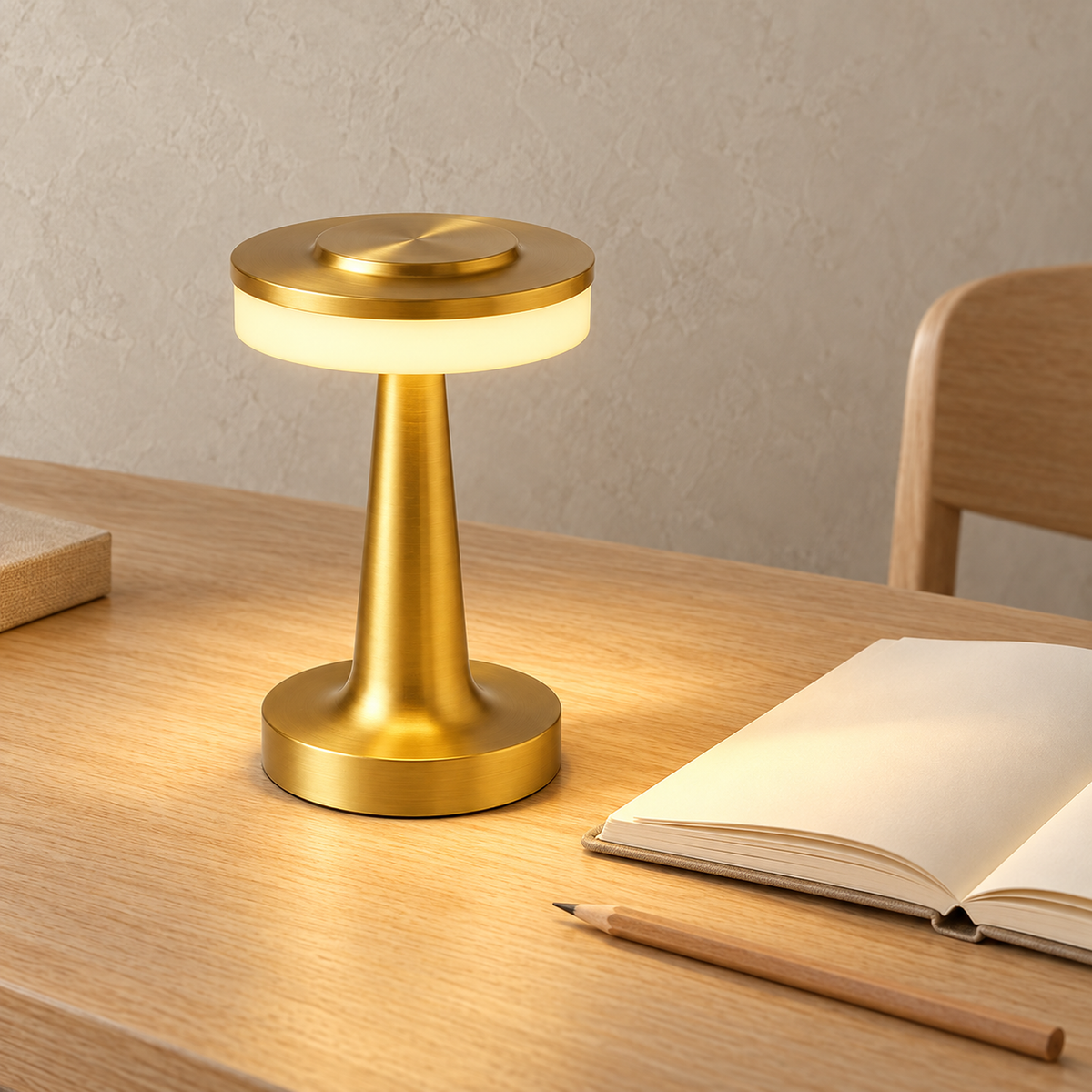 Vanolire gold cordless table lamp lighting a study desk with no power cord in daylight