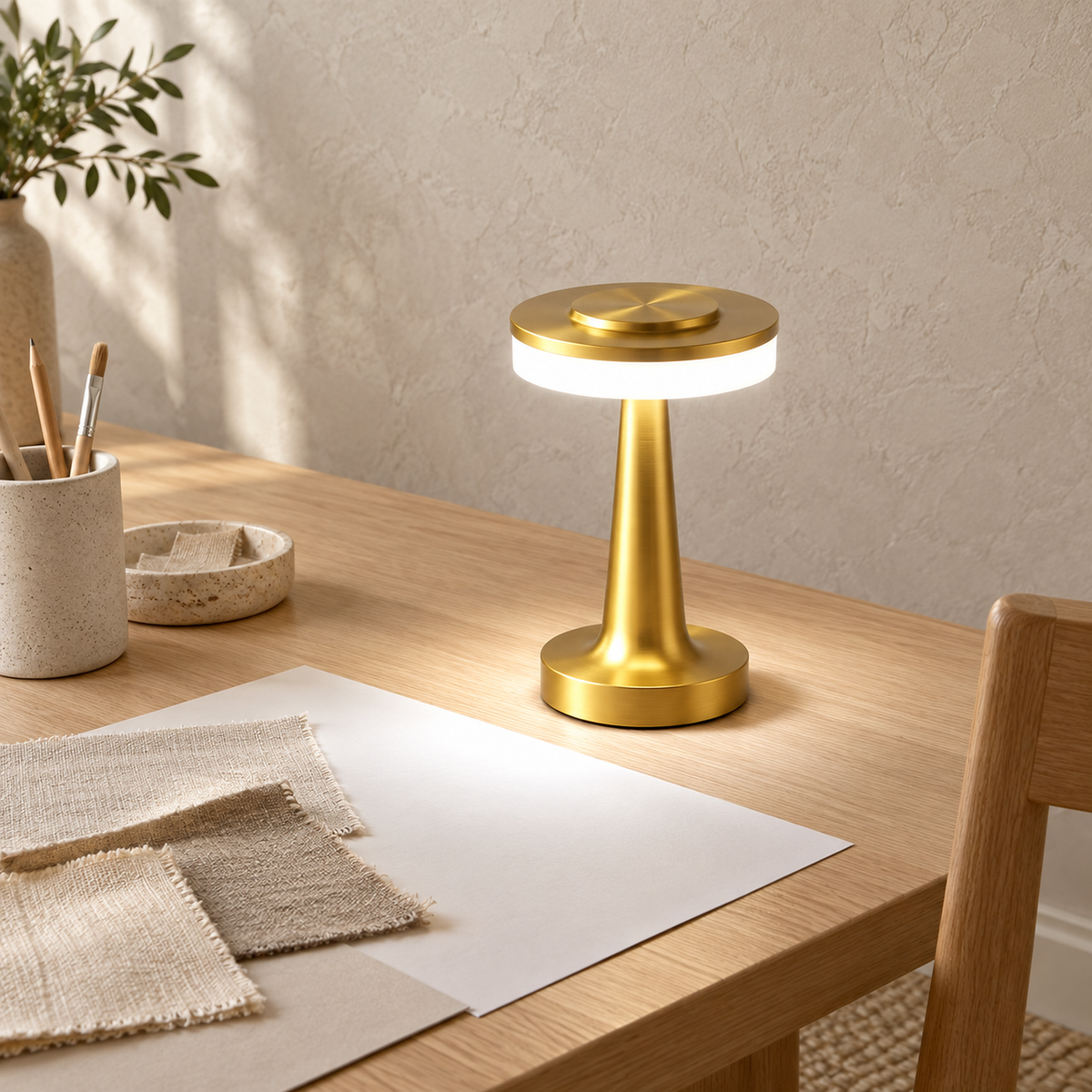 Vanolire gold LED desk lamp casting cool white light over craft materials in a nook