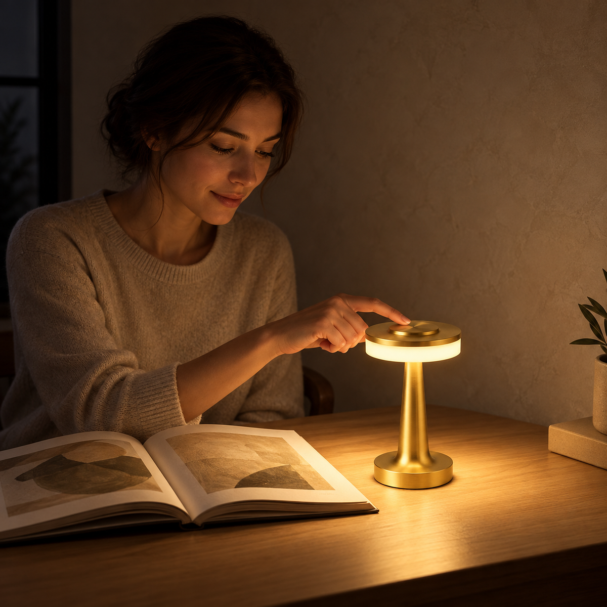 Vanolire gold LED desk lamp lighting an open study page for a reader in the evening