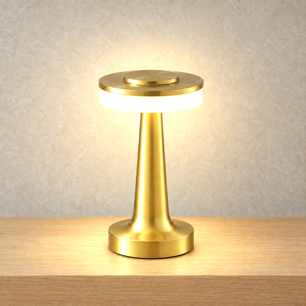 Vanolire gold portable table lamp glowing warmly on the plain studio plate